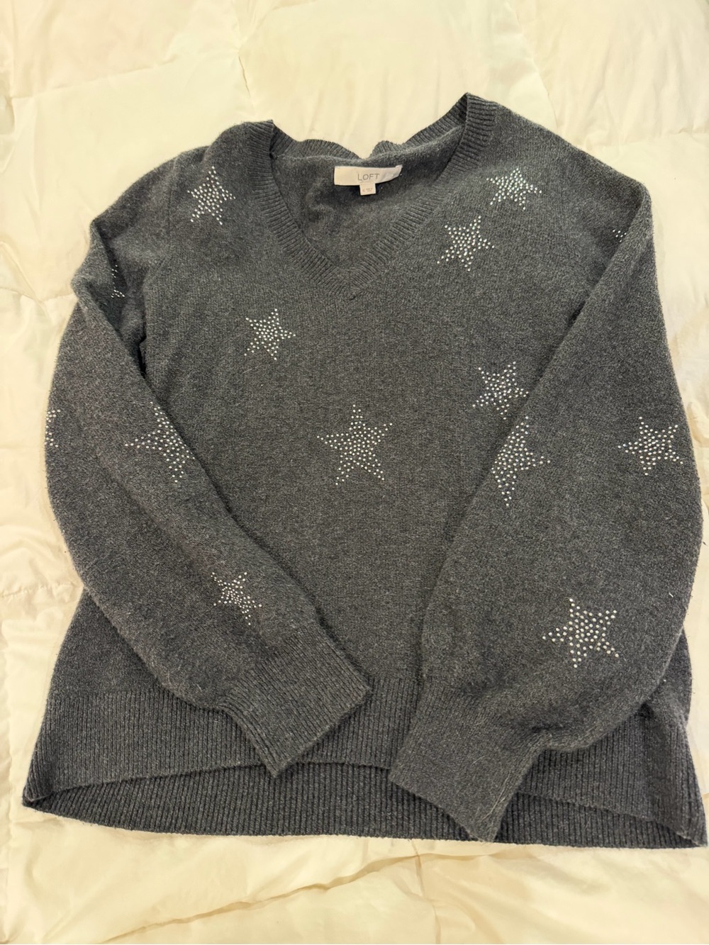 LOFT Charcoal Gray V-Neck Star Rhinestone Sweater